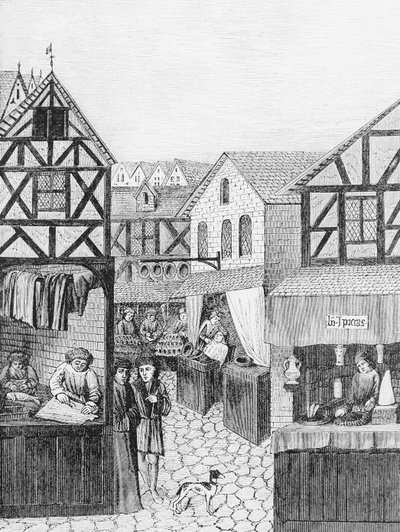 Winkels in een Apotheekstraat: Kapper, Bontwerker en Kleermaker, uit 